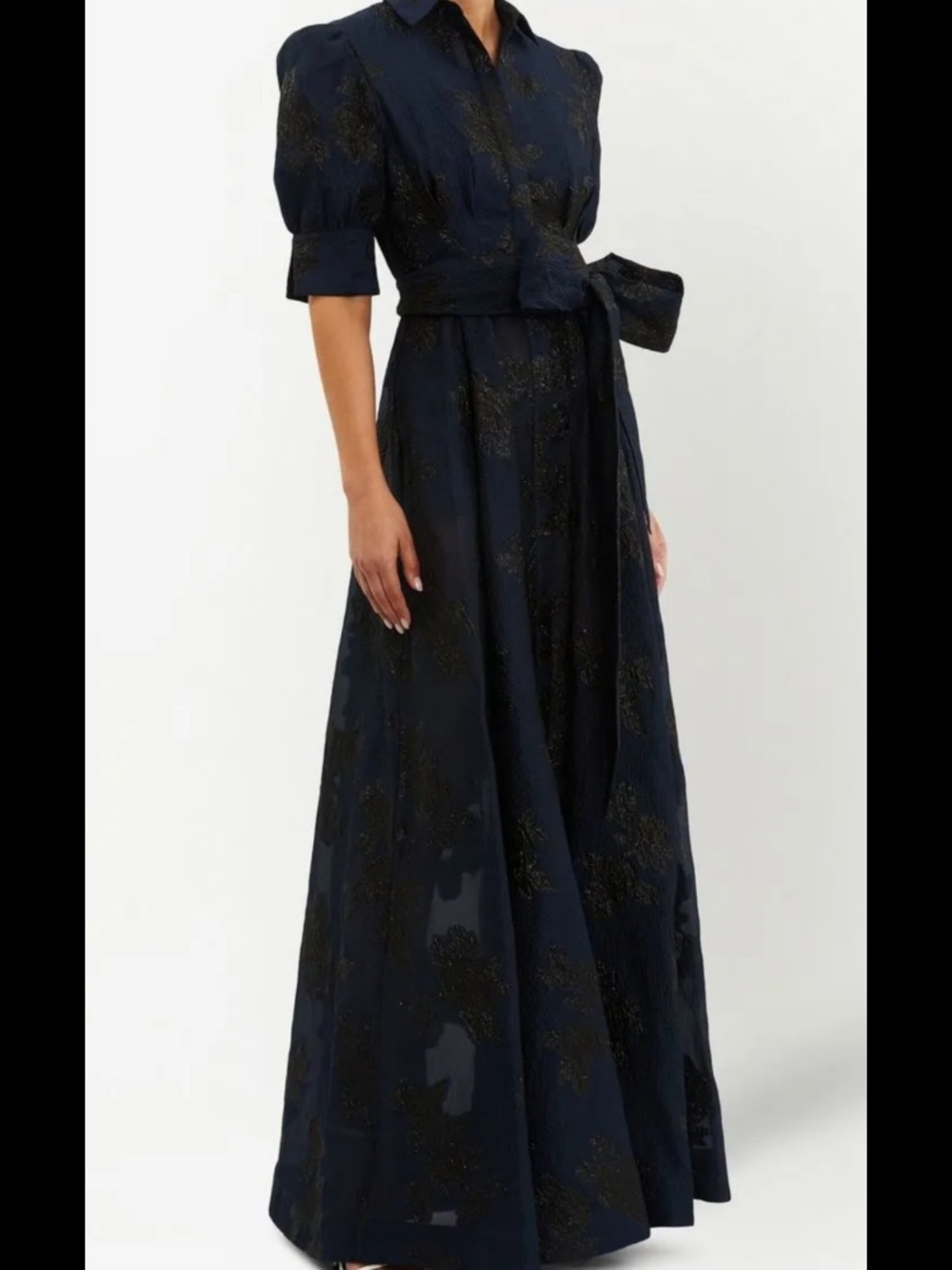 Rebecca Vallance Navy Blue Textured Floral Shirt Dress